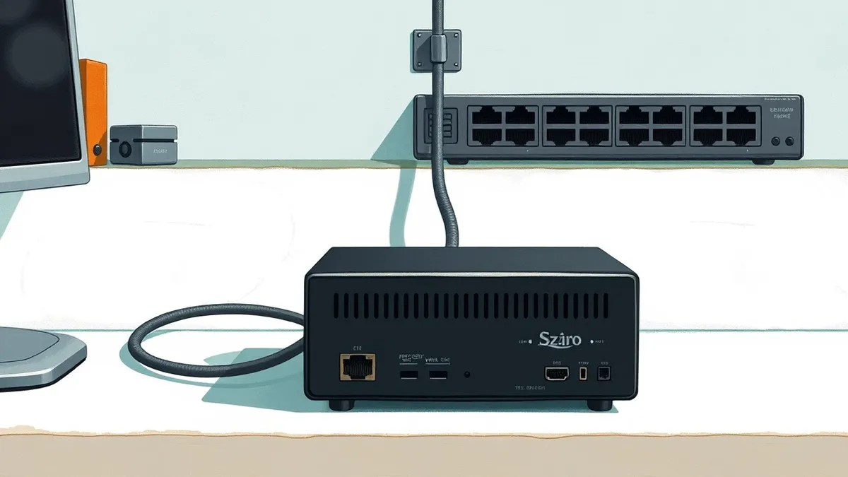 Illustration: A sleek black network security appliance sits on a clean white desk.