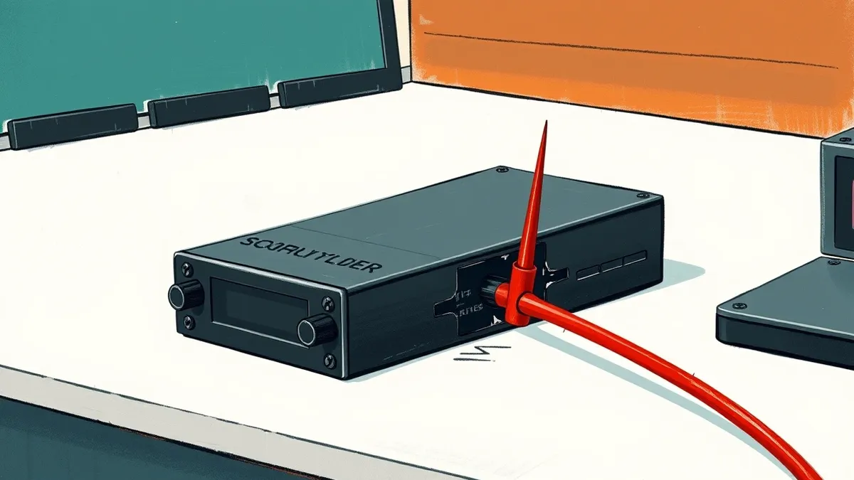 Illustration: A small, black server box sits on a plain white desk.