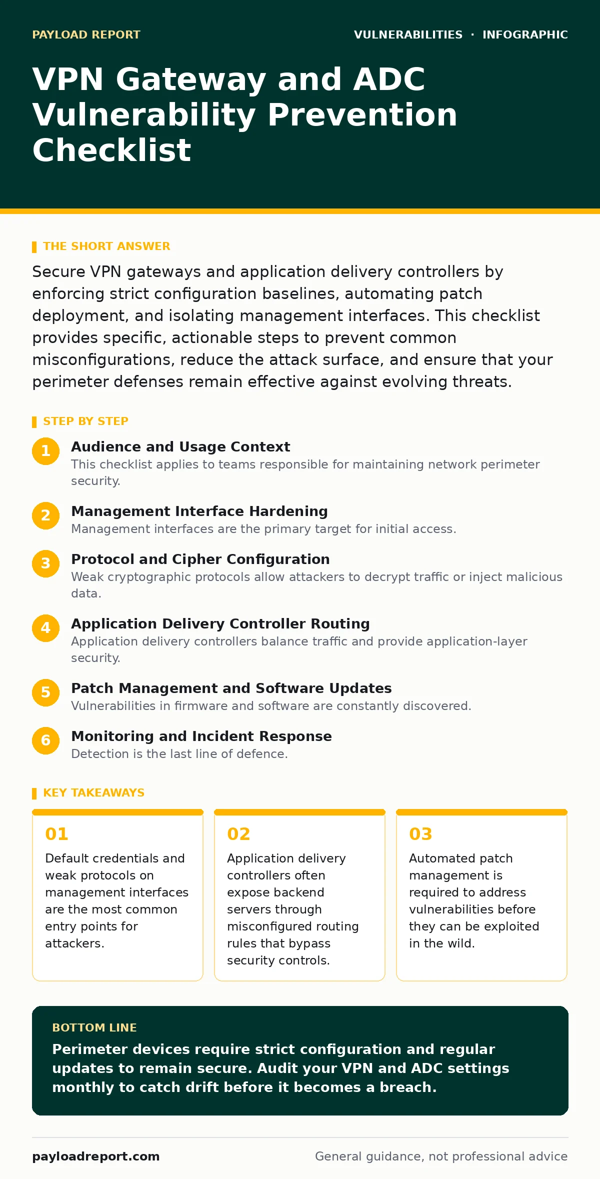 Infographic: VPN Gateway and ADC Vulnerability Prevention Checklist. Default credentials and weak protocols on management interfaces are the most common entry points for attackers. Application delivery controllers often expose backend servers through misconfigured routing rules that bypass security