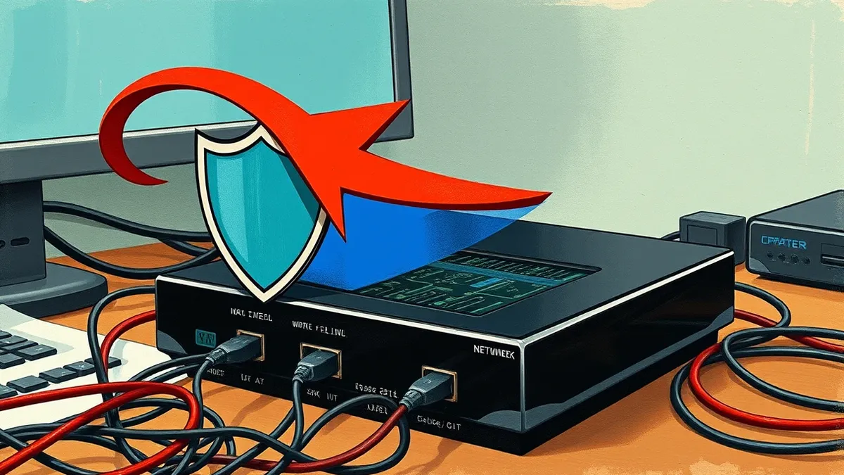 Illustration: A sleek black network gateway device sits on a desk with tangled cables.