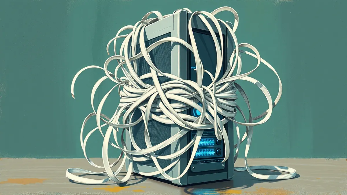 Illustration: A tangled knot of white ribbons wraps tightly around a sleek silver server tower, constricting it until the metal casing cracks.