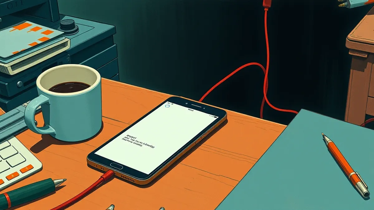 Illustration: A sleek smartphone rests on a cluttered wooden desk beside a half-empty coffee mug.