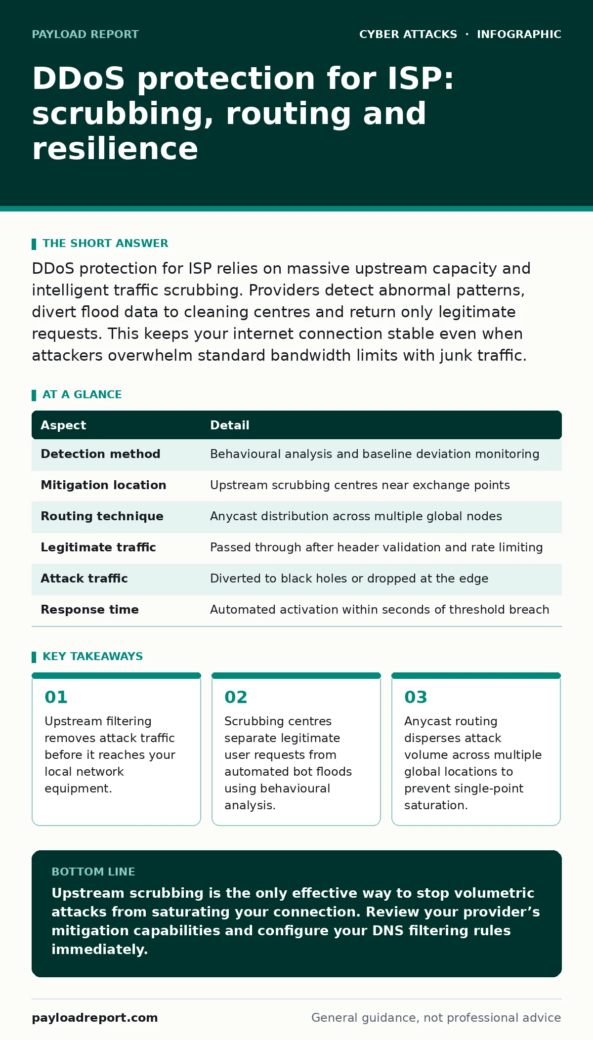 Infographic: DDoS protection for ISP: scrubbing, routing and resilience. Upstream filtering removes attack traffic before it reaches your local network equipment. Scrubbing centres separate legitimate user requests from automated bot floods using behavioural analysis. Anycast routing disperses attac