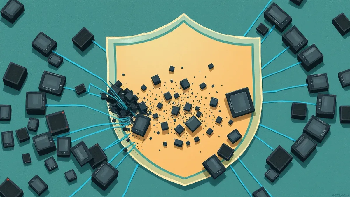 Illustration: A heavy wave of dark gray blocks crashes against a smooth translucent shield at the edge of a circular network diagram.