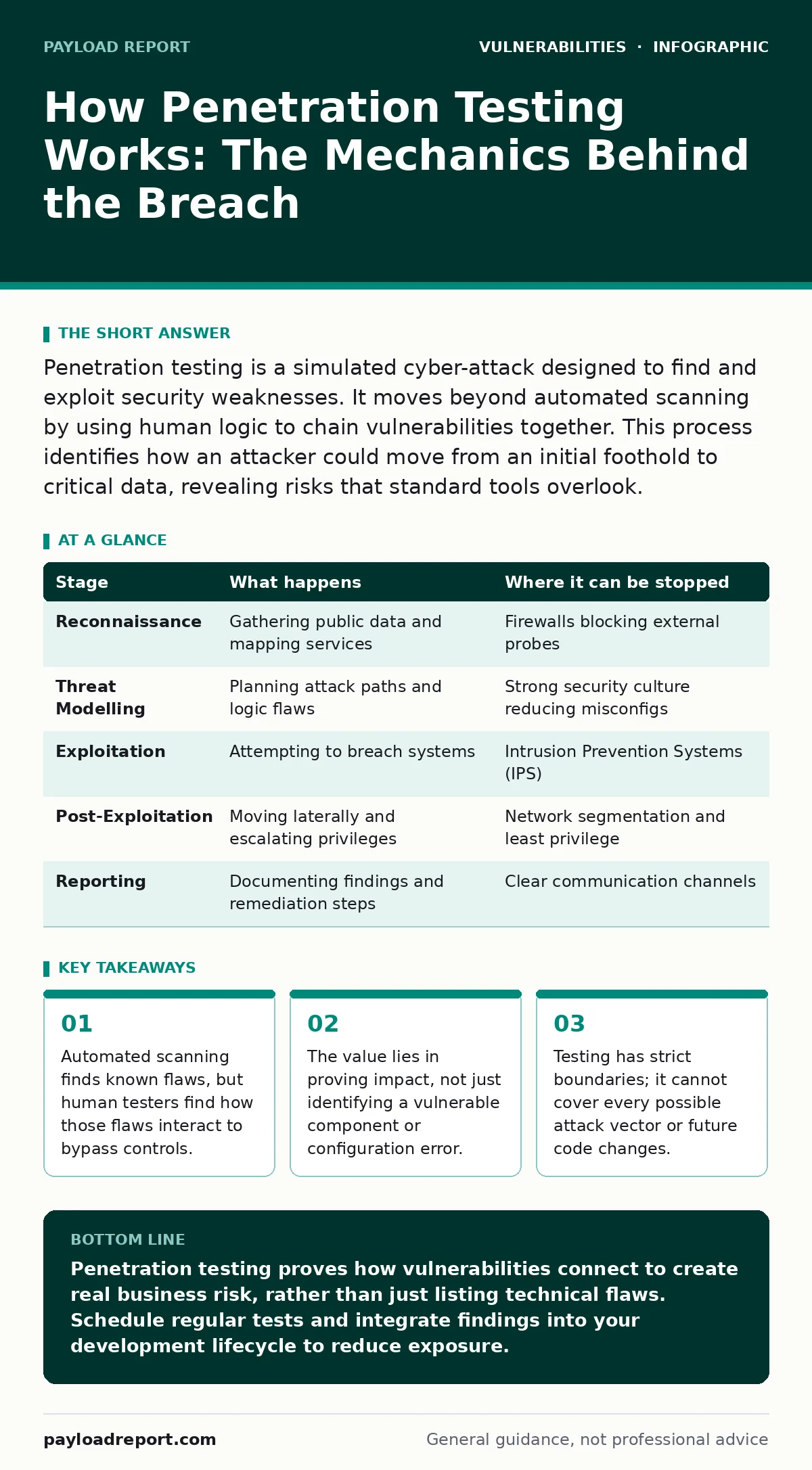 Infographic: How Penetration Testing Works: The Mechanics Behind the Breach. Automated scanning finds known flaws, but human testers find how those flaws interact to bypass controls. The value lies in proving impact, not just identifying a vulnerable component or configuration error. Testing has str