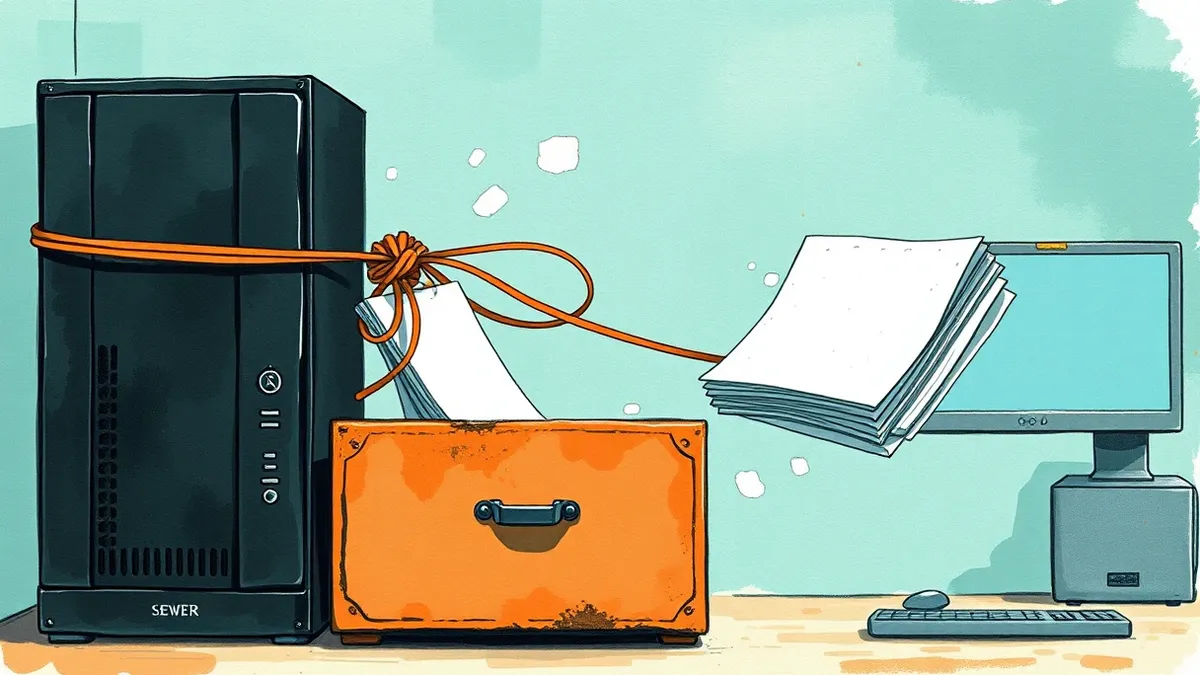 Illustration: A tangled knot of thin ribbon ties a sleek black server tower to a rusted file cabinet drawer.
