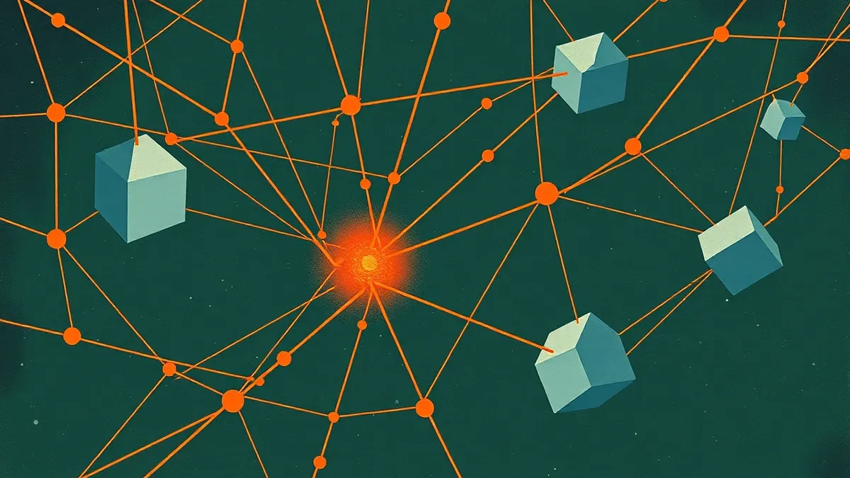 Illustration: A tangled web of thin, glowing orange threads connects simple grey geometric shapes floating in dark space.