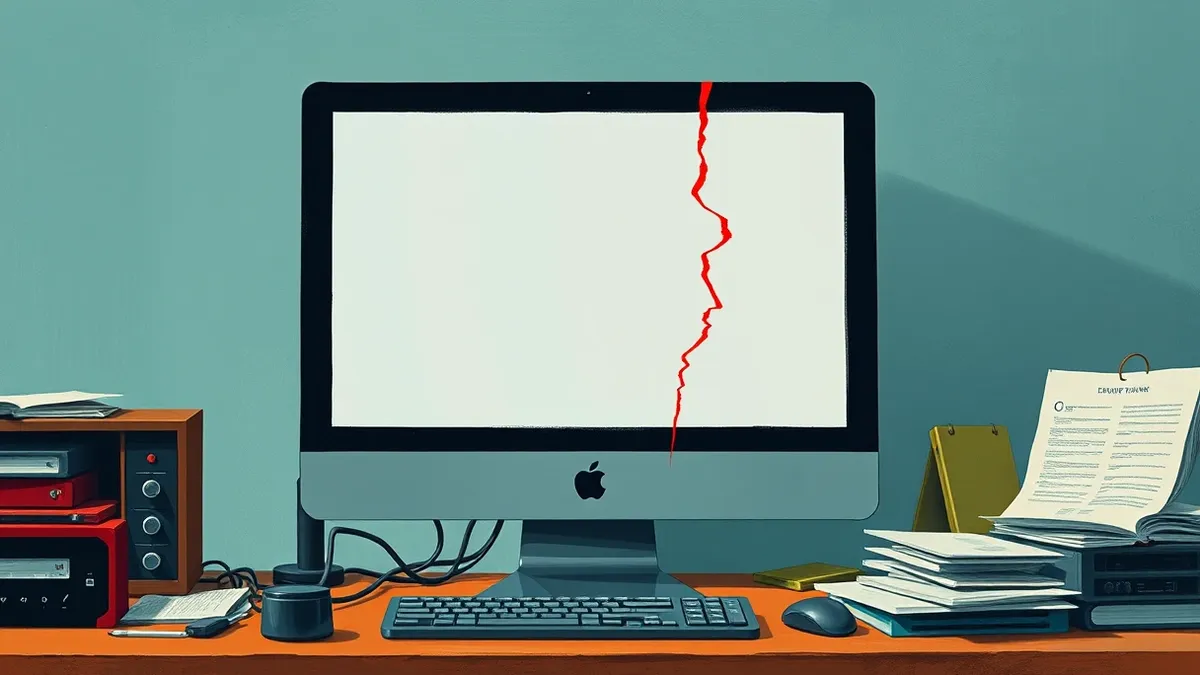 Illustration: A sleek desktop computer sits on a cluttered office desk with its monitor displaying a blank window.