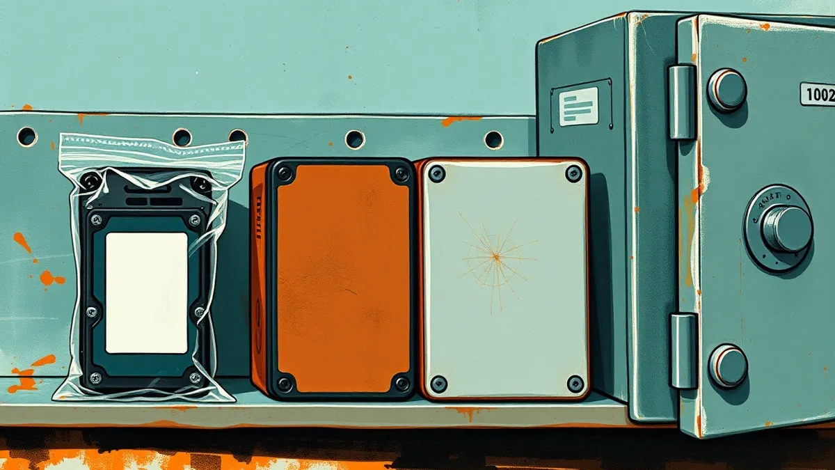 Illustration: A row of identical external hard drives sits on a metal shelf next to a sealed fireproof safe.