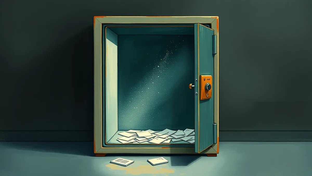 Illustration: A transparent glass safe stands open in a dark room, its heavy metal door swinging wide without a lock.