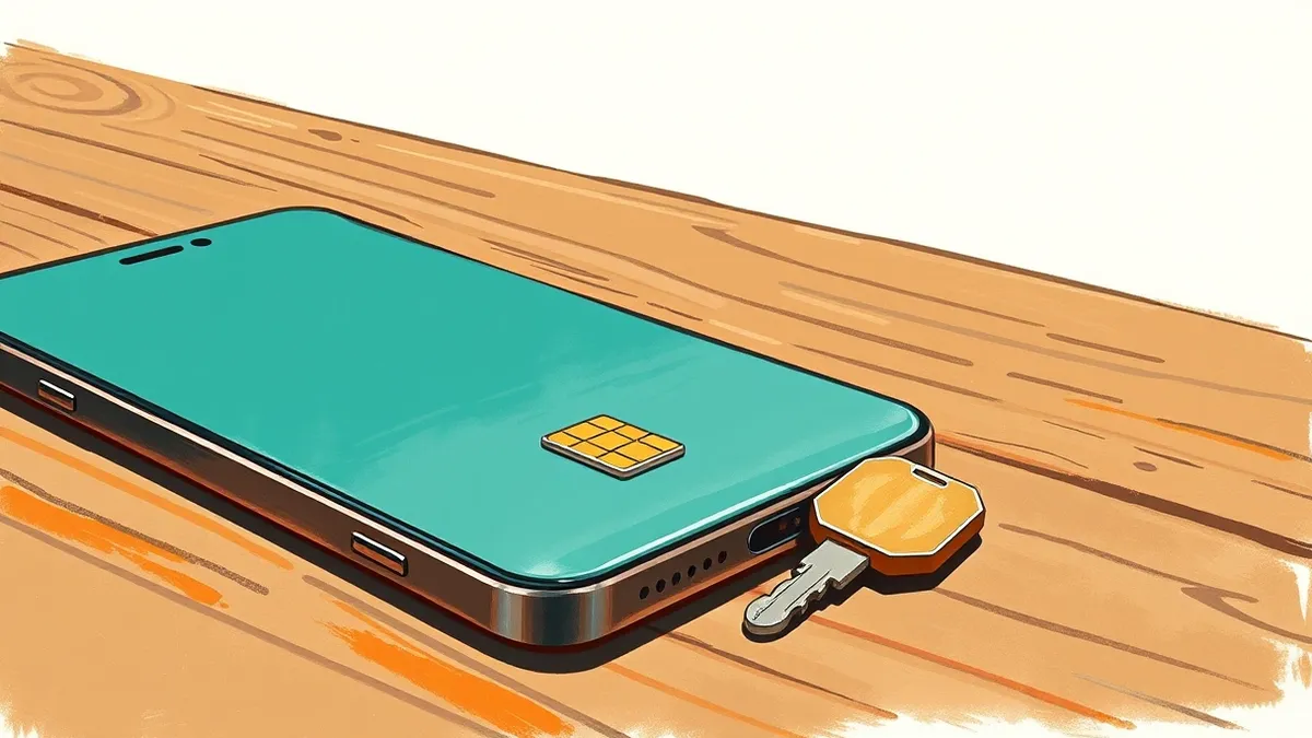 Illustration: A smartphone sits on a wooden table while a small SIM card ejects from its tray.