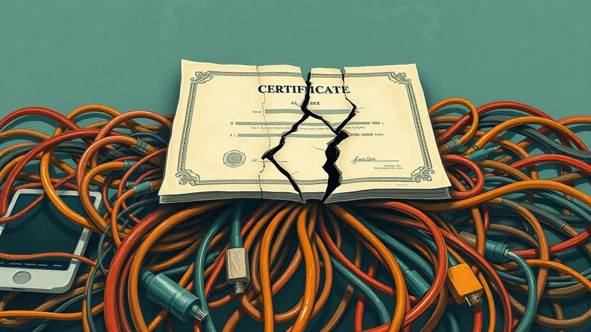 Illustration: A fractured digital certificate hovers above a tangled web of mismatched cables.